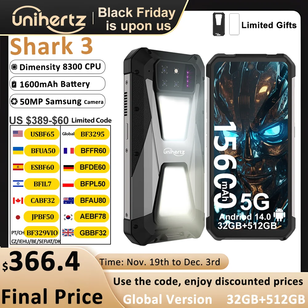 Unihertz  SHARK 3 by 8849 Smartphone Android 14 32GB 512GB Dimensity 8300 3K AMOLED Screen 11600mAh Night Camera 5G Rugged Phone