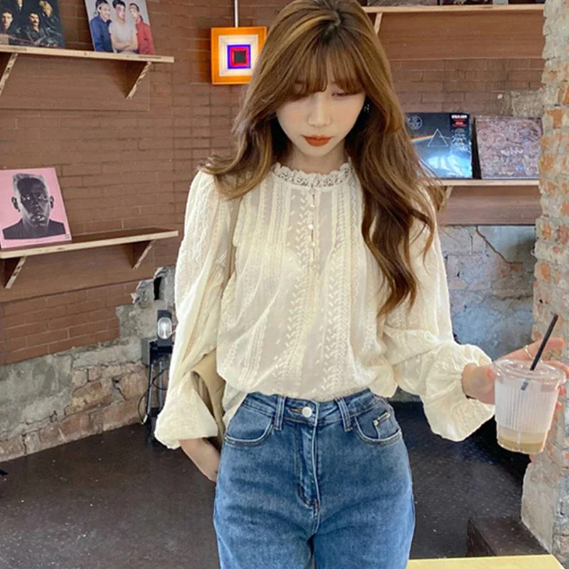 Women Spring Elegant Blouse Puff Sleeve Long Sleeve Tops