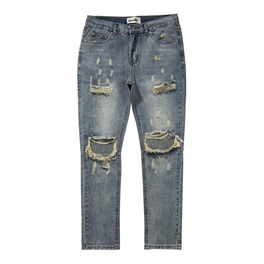 

Retro Streetwear Hole Patchwork Washed Distressed Jeans Men's Tide Brand Casual Leggings Trendy Slim Skinny Pants Jeans For Men