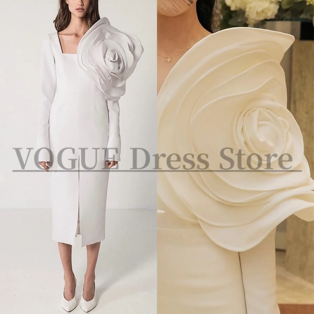 Ivory Mermaid Evening Dresses with Sleeves Tea-Length Square Collar Florals Appliques Party Dress with Pleated vestidos chenxiao 2019 listing evening dresses lace appliques full sleeves floor length formal evening dress gowns vestidos