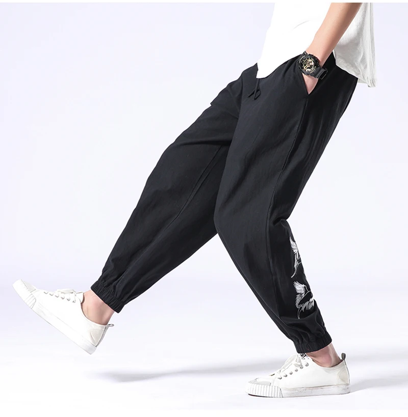 Description Picture 4 of itemCotton Linen Ankle-Length Pants Men's Retro Crane Embroidered Harem Pants Loose Men's Joggers Streetwear Pants