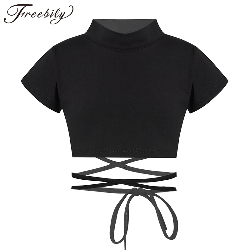 

Kids Girls Short Sleeve Jazz Dance Crop Top Hip Hop Stage Performance Costume Sash Tie Cross Waist T-shirt Fashion Dancewear