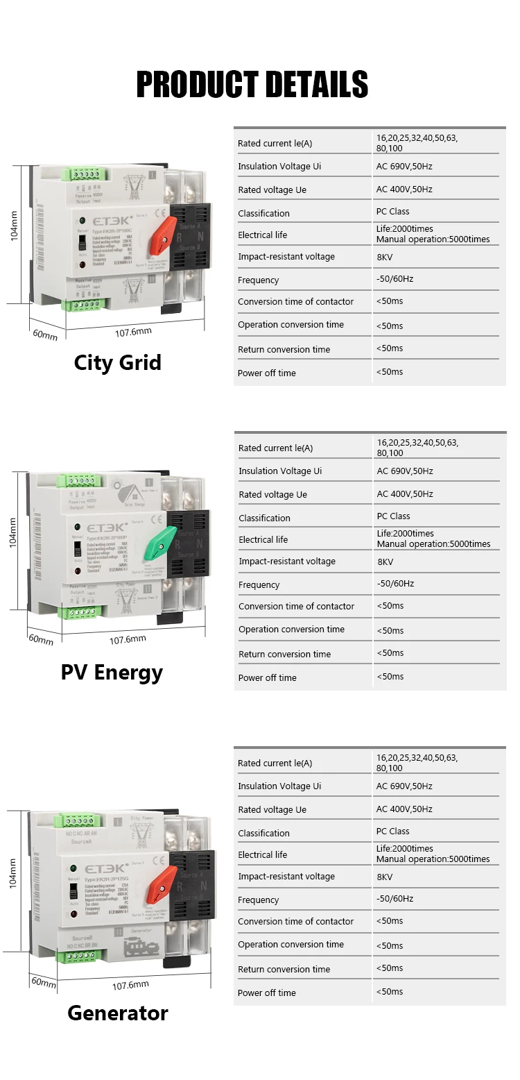 Dual Power Automatic Transfer Switch 220V 2P 4P Din Rail ATS Generator Power Sup