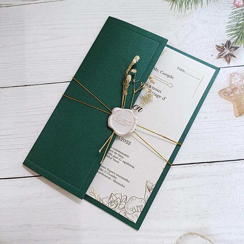 5X7Inch Emerald Paper Wedding Party Invitation Card Cover No Inner Sheet No Envelope Wax Seal Ribbon Flower 50pc