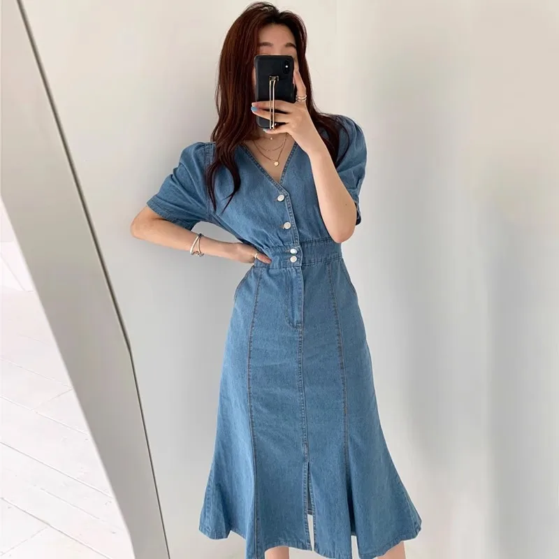 Women Summer Retro Midi Denim Dress Solid V Neck Button Sexy Split Slim  Dress Korean Elegant Streetwear Ruched Dress - AliExpress 200000345