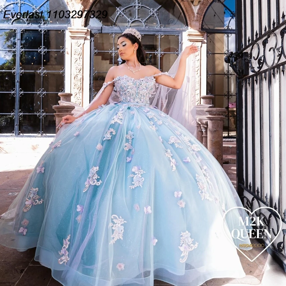 

EVLAST Mexican Glitter Blue Quinceanera Dress Ball Gown Pink Lace Applique Beaded Bow Corset Sweet 16 Vestidos De 15 Anos TQD776