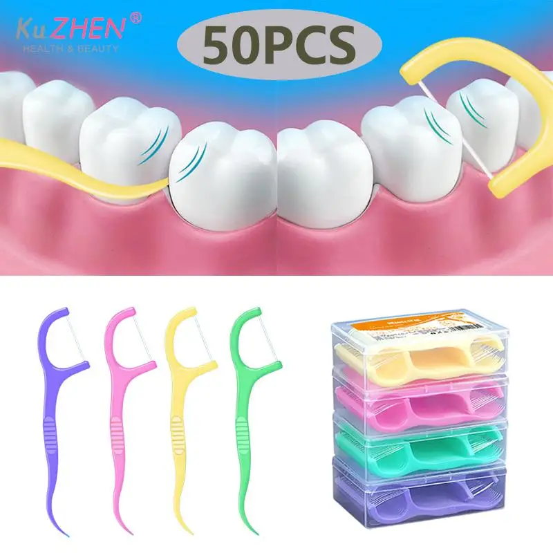 

50Pcs/Box Fruit Flavor Dental Floss Pick Tooth Cleaning Inter-dental Brush High Tensile Force Portable Teeth Stick Hygiene Care