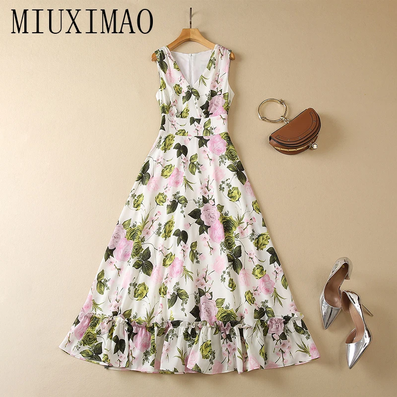 

MIUXIMAO 2023 High Quality Spring&Summer Elegant Dress Edible tree fungus V-Neck Print Fashion Long Dress Women Vestides