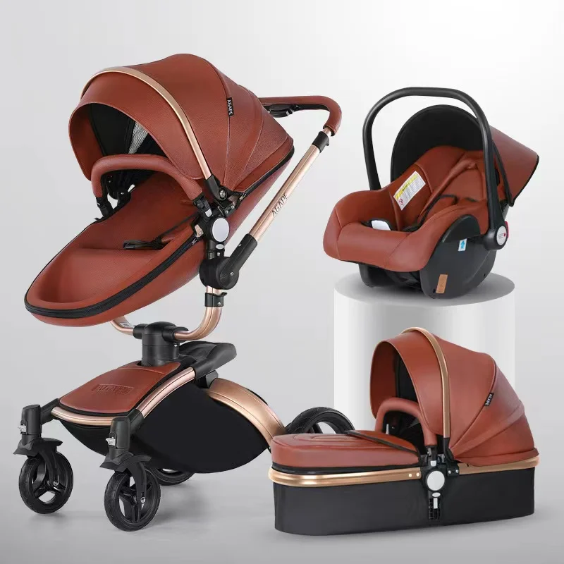 Luxury Baby Stroller 3 in 1,PU Leather Carriage,High Landscape, Folding