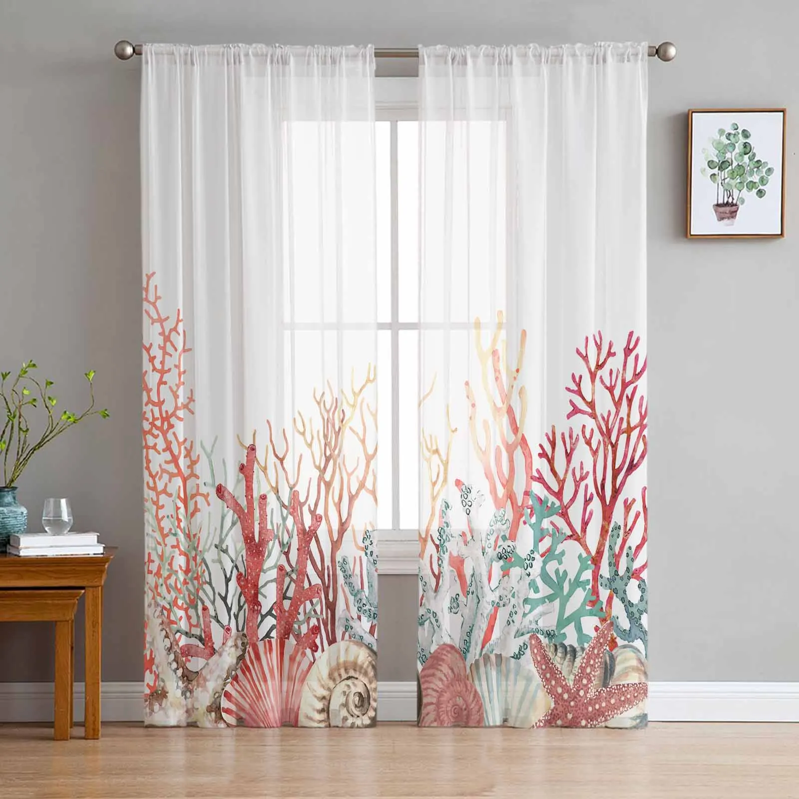 

Summer Ocean Coral Seagrass Tulle Sheer Window Curtains for Living Room Kitchen Children Bedroom Voile Hanging Curtain