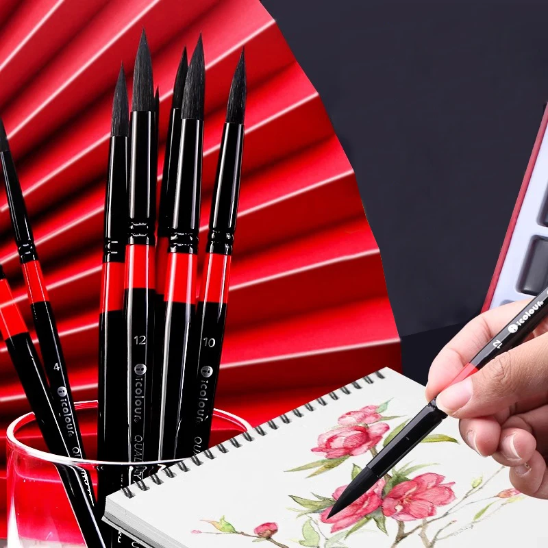 IColour Professional Squirrel Hair Painting Brush Set Black Handle Round Brush Watercolor Acrylic Gouache Oil Painting Brushes 4