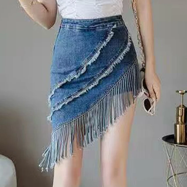 New fake two-piece high waist tassel denim skirt skirt women spring and summer stretch hip wrap skirt Korean shorts skirt