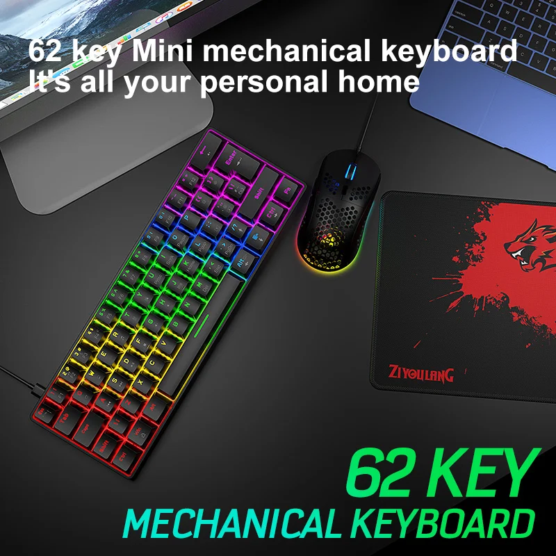 Teclado e Mouse Conjunto de Teclado Mecânico 62 Teclas Rgb 6400 Dpi Óptico Gaming Mouse com Almofada para Gamer Desktop Portátil T60 - Imagem 2