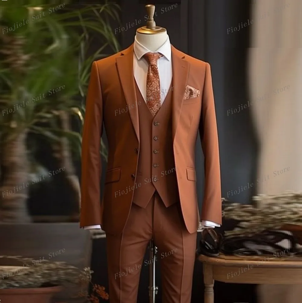 

New Dark Orange Male Formal Occasion Tuxedos Men Business Suit Groom Groomsman Wedding Party Prom 3 Piece Set Jacket Vest Pants