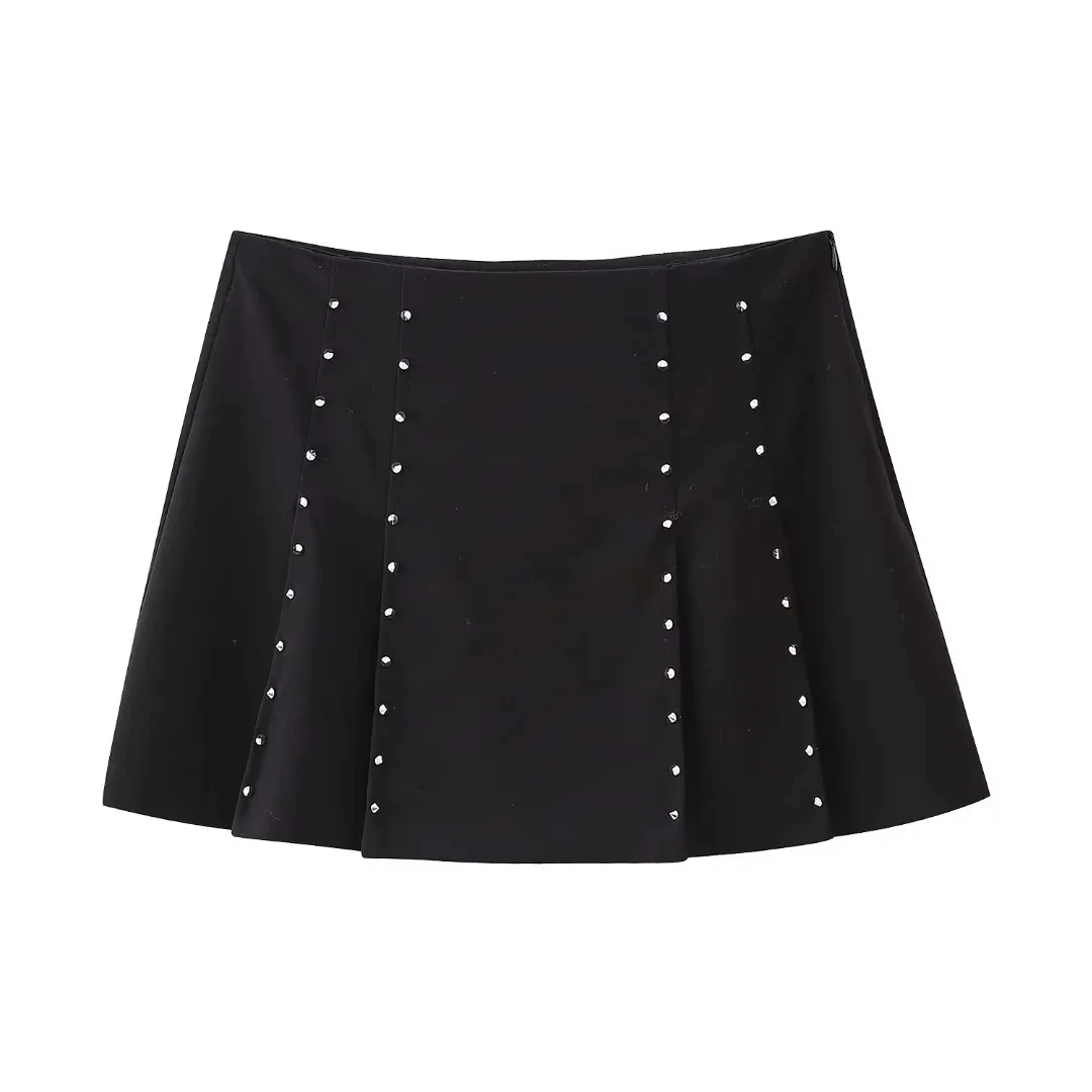 

TRAF Black Mini Skirts Set Vest For Women Short Pleat Skirt Woman Elegant High-Waist Skirt Female Fashion Studs Aesthetic Skirt