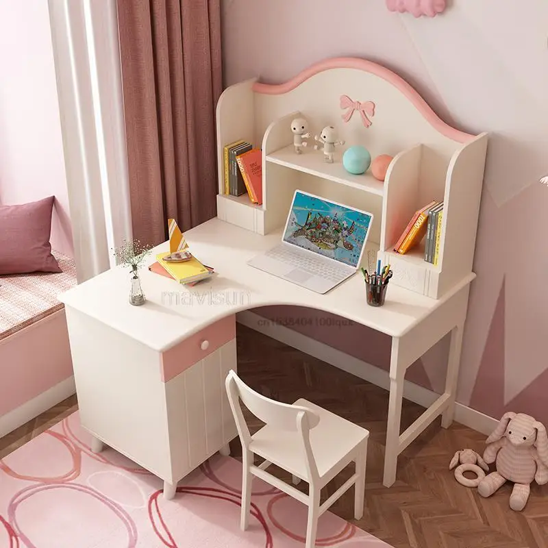 Solid Wood Children's Desk And Bookcase Combination Pink Simple Student Corner Computer Desk Multifunctional Home Furniture