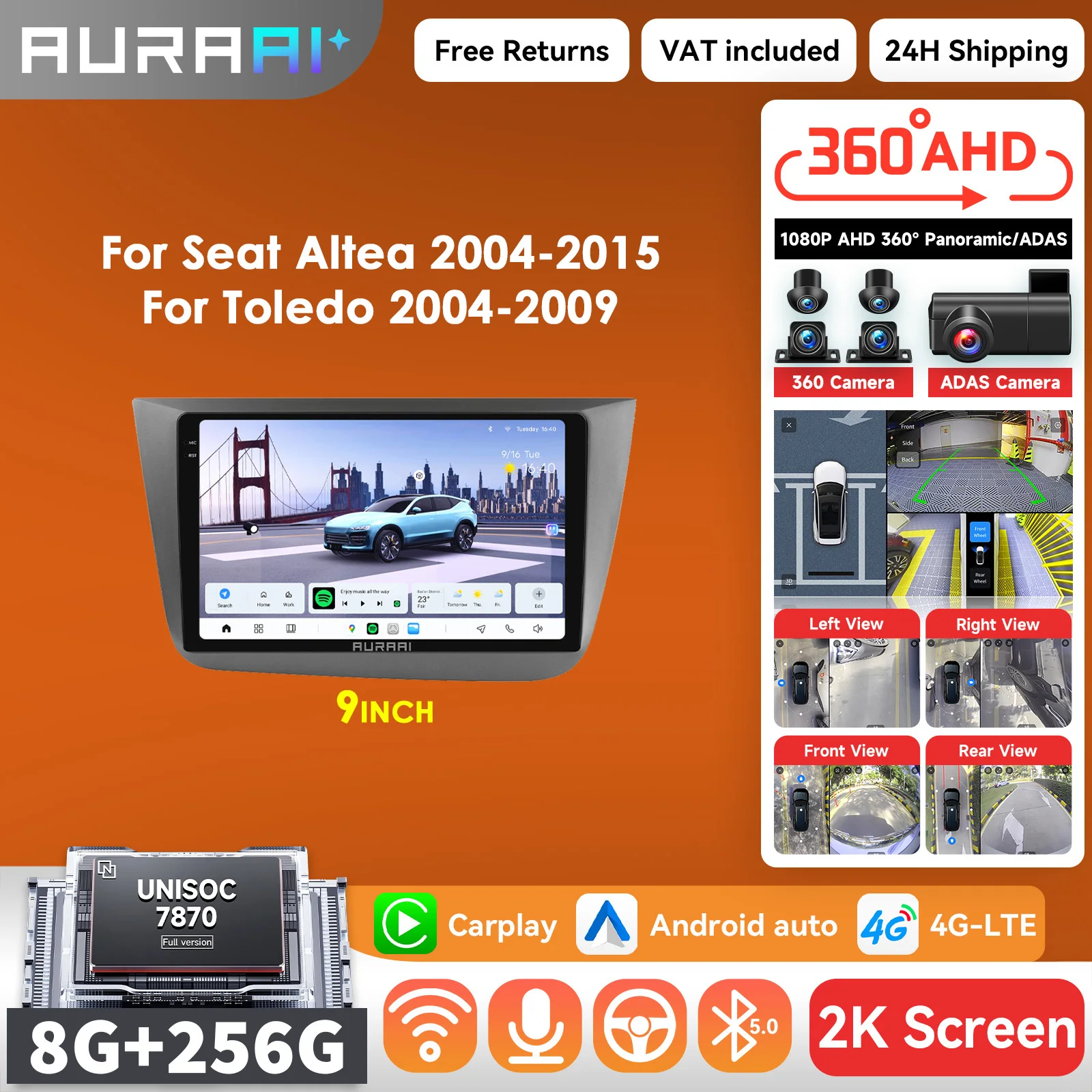 AURAAI 8 + 256G Carplay Android Autoradio für Seat Altea 2004-2015 Toledo 2004-2009 Multimedia-Player GPS 360 Cam + ADAS 2K Bildschirm