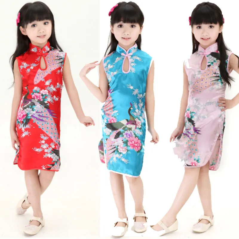 Keepmore Moda Verano Pavo Real Imprimir Satén Largo Cheongsam