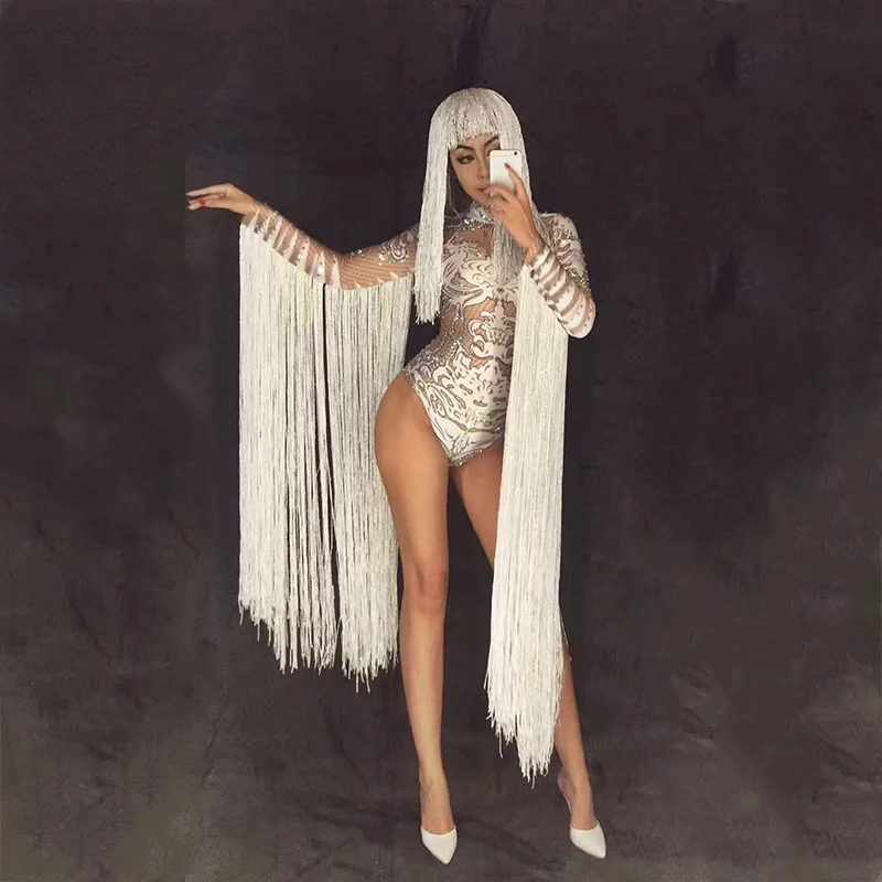 

Jazz DJ DS Show Wear Female Singer Stage Costume Women Jumpsuits white Tassel Dance Outfit Performances Sexy Bodysuits Clothes