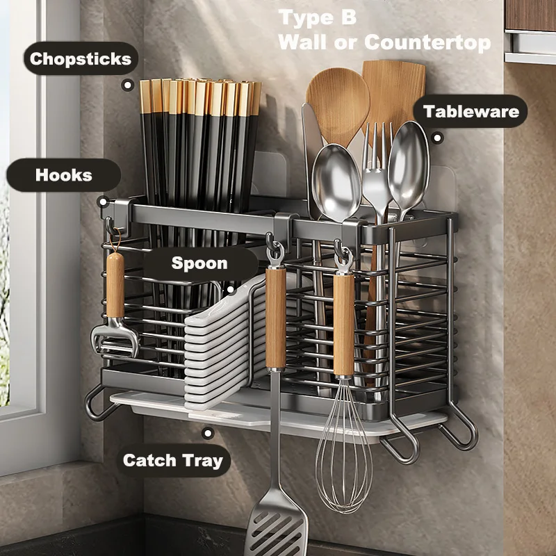 Cutlery Organizer Kitchen Storage Rack Wall Mounted Knife, Fork, Spoon Chopstick Rack with Drainage Tray Kitchen Utensil Cage 3
