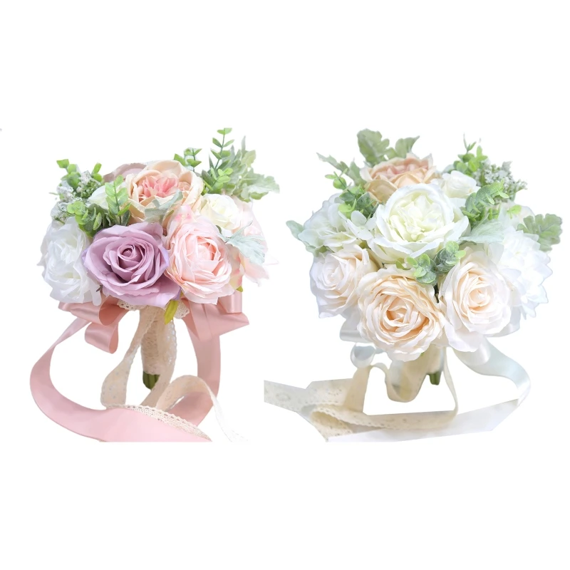 

Artificial Rose Flower Bouquet with Lace Strap Simulation Wedding Bouquet for Valentine's Day Wedding Bride Photography