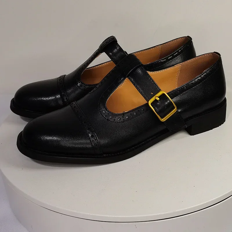 

2024 new spring autumn Women pumps natural leather 22-25cm cowhide+pigskin full leather loafers t-buckle brogue women shoes