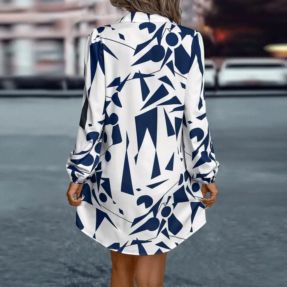 

Soft Texture Dress Colorful Print Loose Women's Dress with Turn-down Collar Long Lantern Sleeves Soft Lady Above Knee for Casual