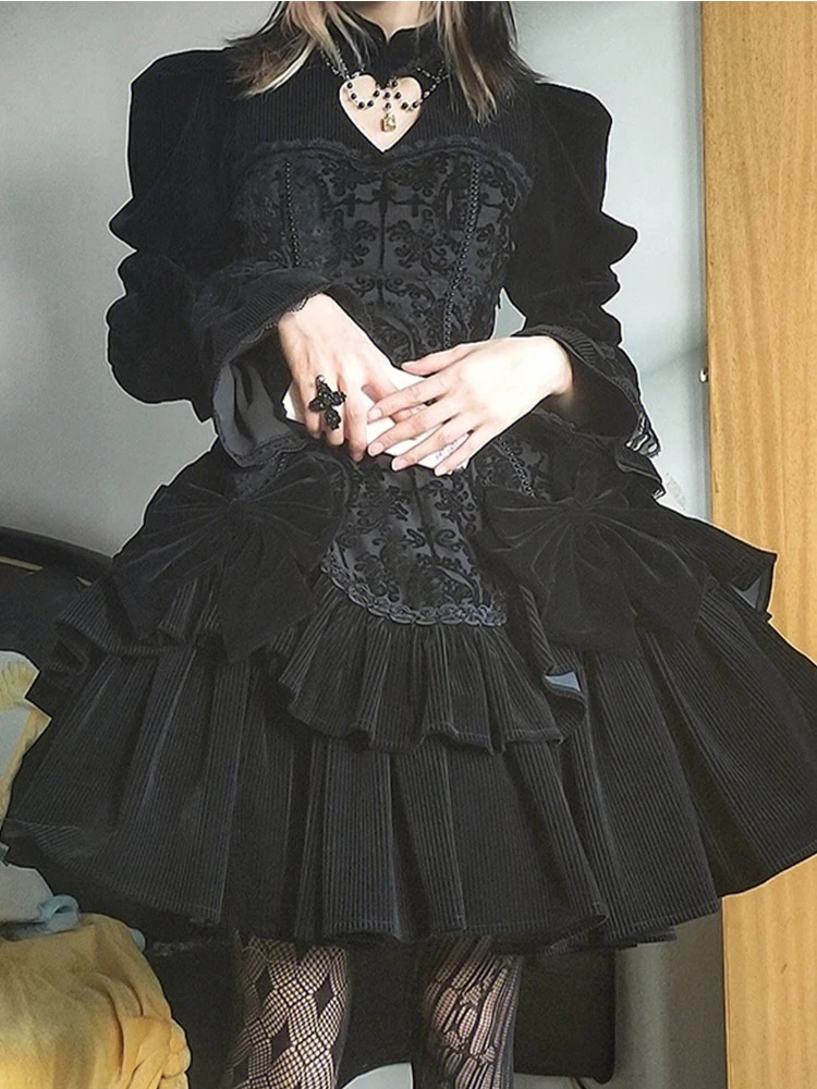 

Dark Goth Style Lolita Women's Classic Jacquard Long Sleeve Heavy Work Dress Banquet Evening Dress Vintage Princess Style Slim