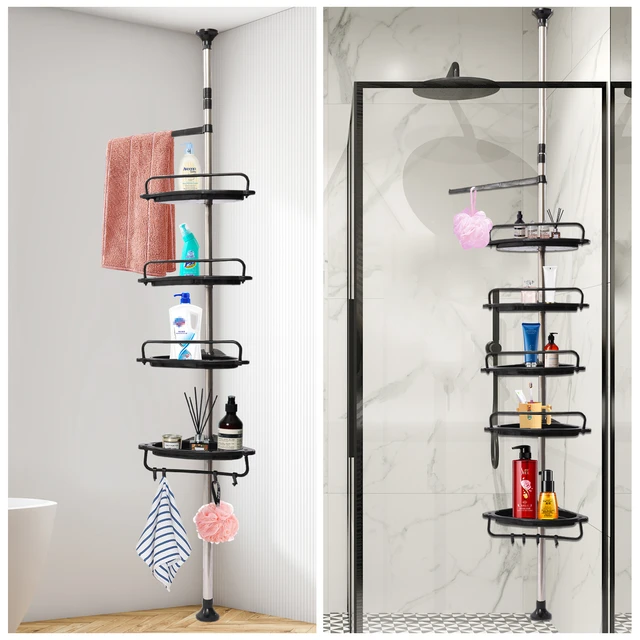 Corner Shower Caddy Tension Pole, Bathroom Organizer Stand Pole with 4  Plastic B