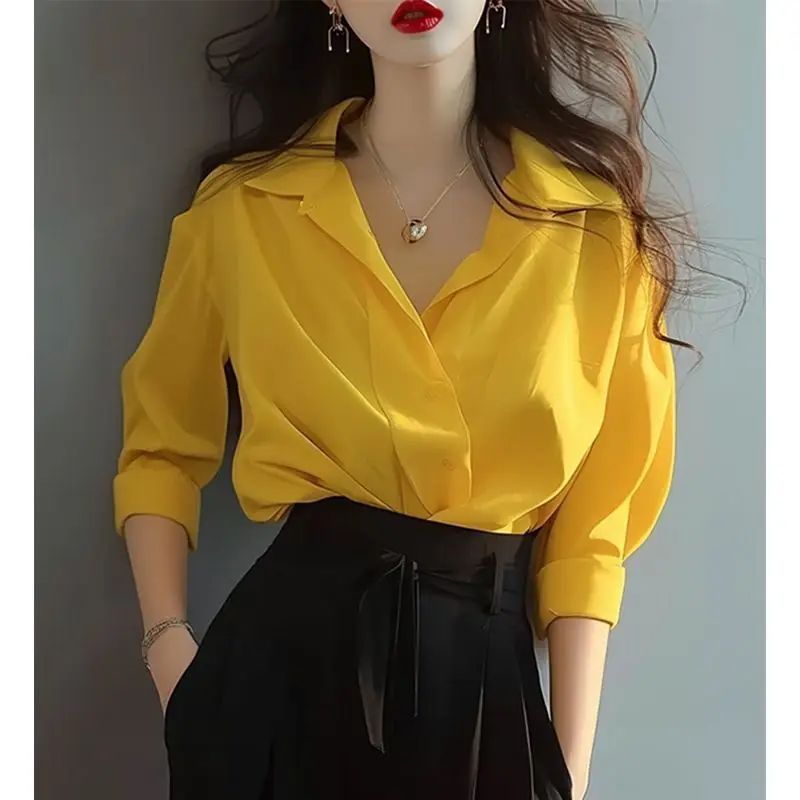 Women Clothing Simplicity Elegant Youth Blouse Spring New Long Sleeve Polo Neck Solid All-match Fashion Shirt Tops Trend Sweet