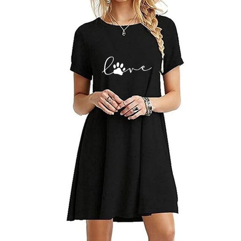 Ladies Round Neck Above Knee Dress Casual Sexy Mini Skirts Dresses for Women Fashion Summer Short Sleeve Printed Long T-shirt