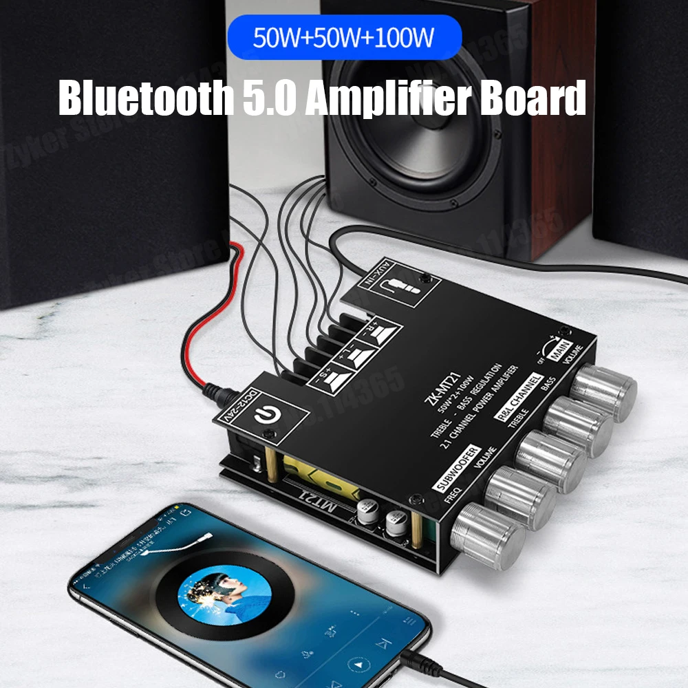 ZK-MT21 50Wx2+100W 2.1Channel Bluetooth 5.0 Hifi Subwoofer Amplifiers Board C50L Audio Stereo Amplifier Board Bass AMP AUX input zk mt21 bluetooth 5 0 amplifier board 2 1 channel 50wx2 100w audio stereo amp bass and treble adjustment hifi sound quality