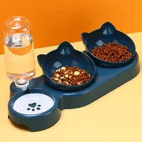Pet Bowls With Water Feeder, 3 In 1 Ear Design Tilted Cat Water And Food Bowl Set With Gravity Water Bottle For Neck Protection 1