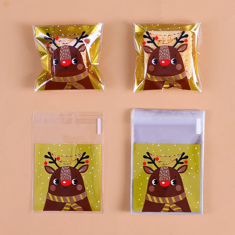 100PCS Plastic Christmas Candy Bags Cute Santa/Snowman/Deer Cookie Bag For Navidad DIY Biscuits Cookie Baking Packaging Supplies