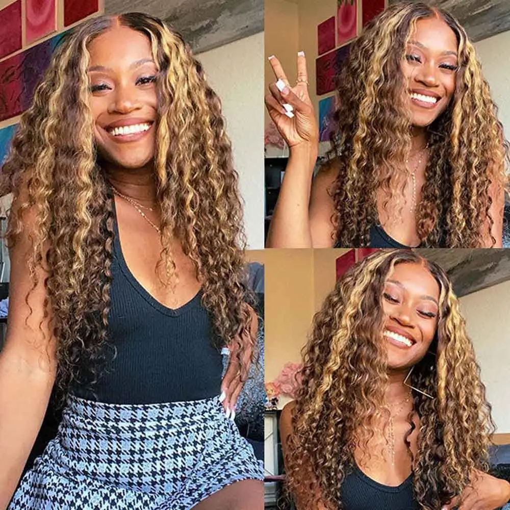 Ready to Wear Glueless Wig Highlight Deep Wave 5x5 HD Lace Closure Wigs Pre Cut Lace for Women P4/27 Honey Blonde Pre Plucked