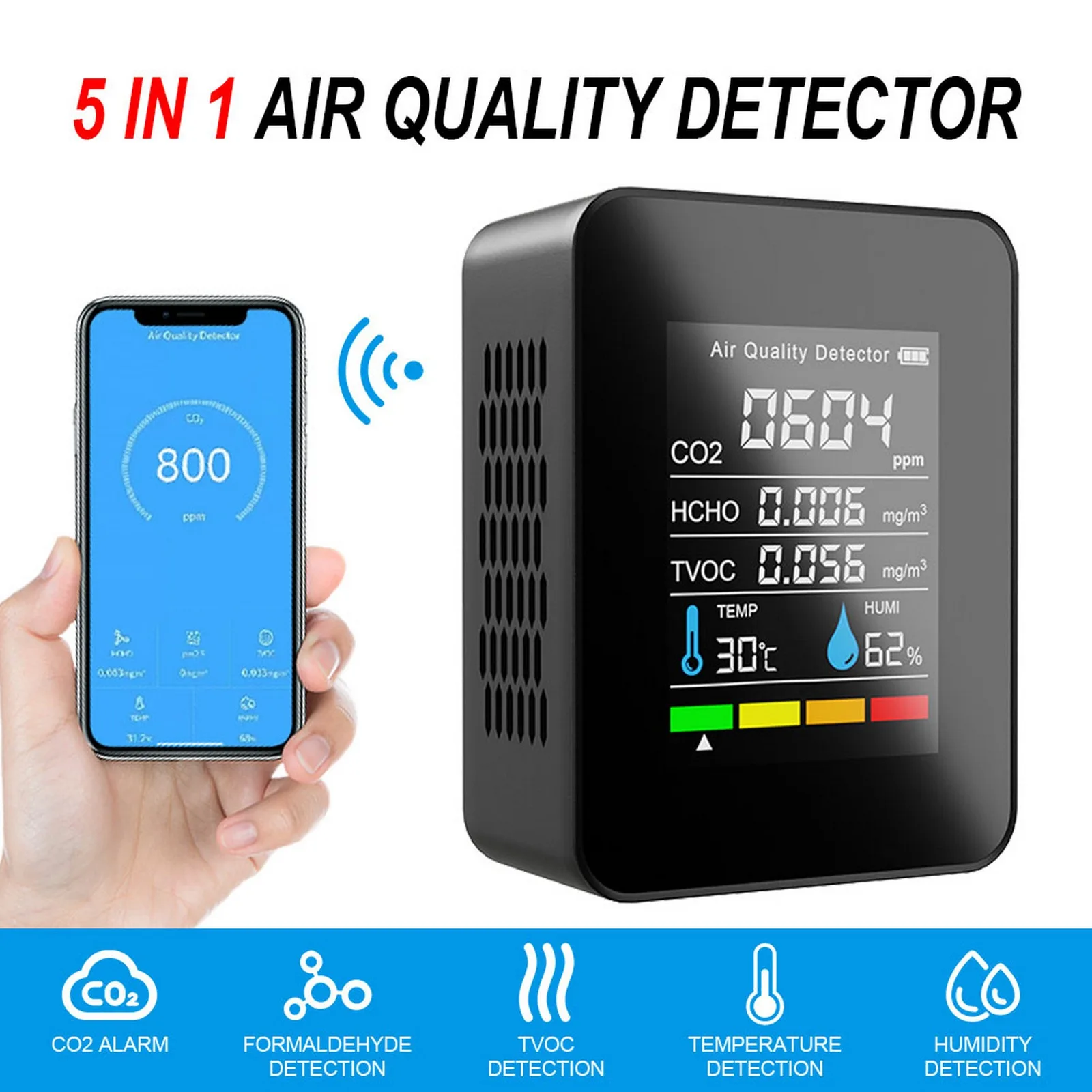 

5in1 Carbon Dioxide Detector CO2 Digital Meter Indoor Temperature Humidity Sensor Tester Air Quality Monitor TVOC HCHO Analyzer