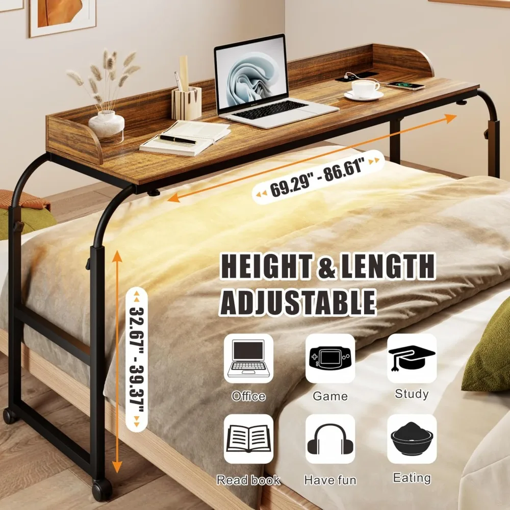 "adjustable height & length overbed desk with mobile charging station - led light, queen size"