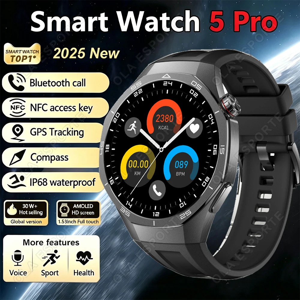 2026 New Smart Watch 5 Pro AMOLED 1.53 inch Heart Rate Monitoring IP68 Bluetooth Call Smartwatch Suitable For Android IOS HW12 1