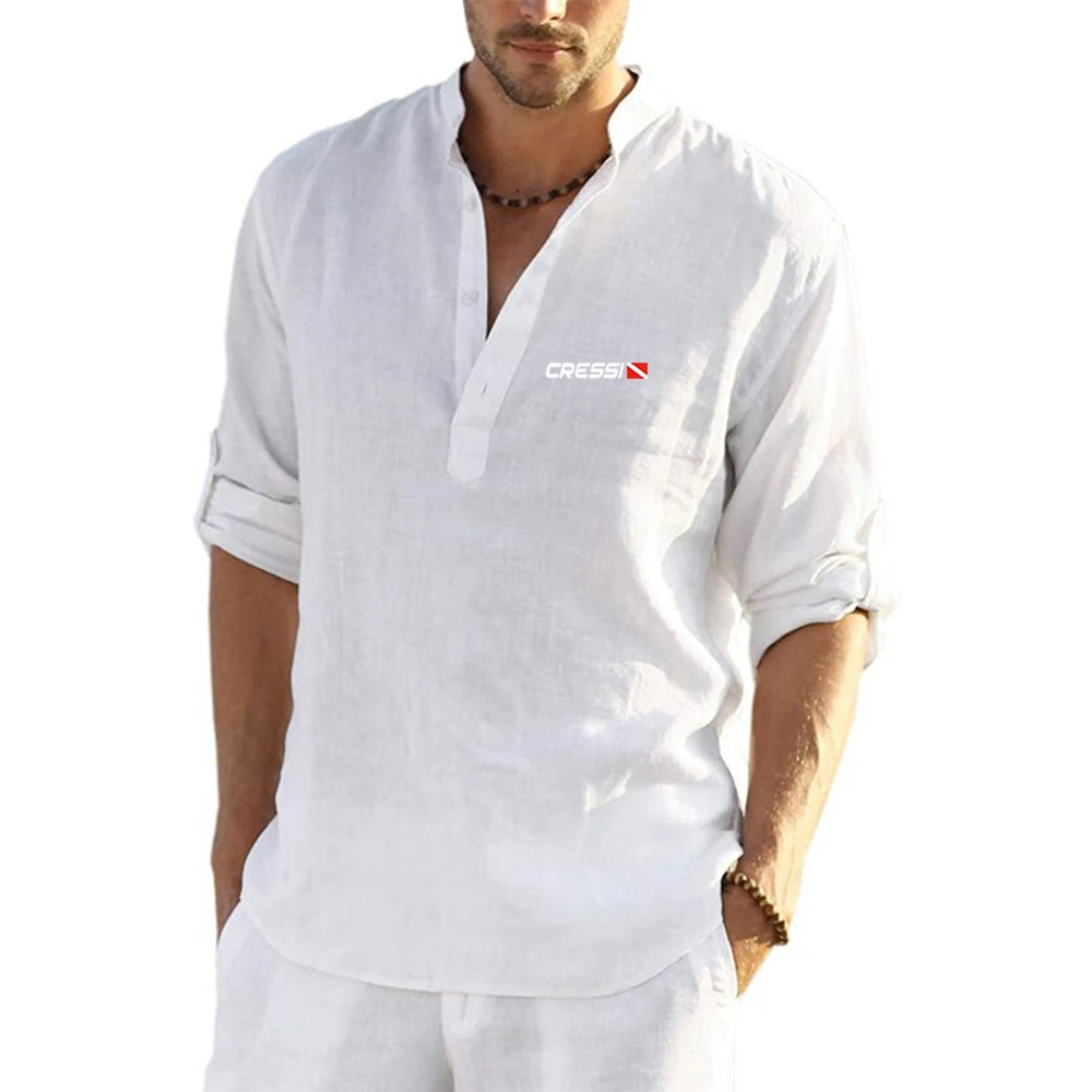 Scuba Dive Cressi 2023 Summer style Men's High quality leisure fashion Linen Long Sleeve Shirt Solid Color Casual Cotton Tops