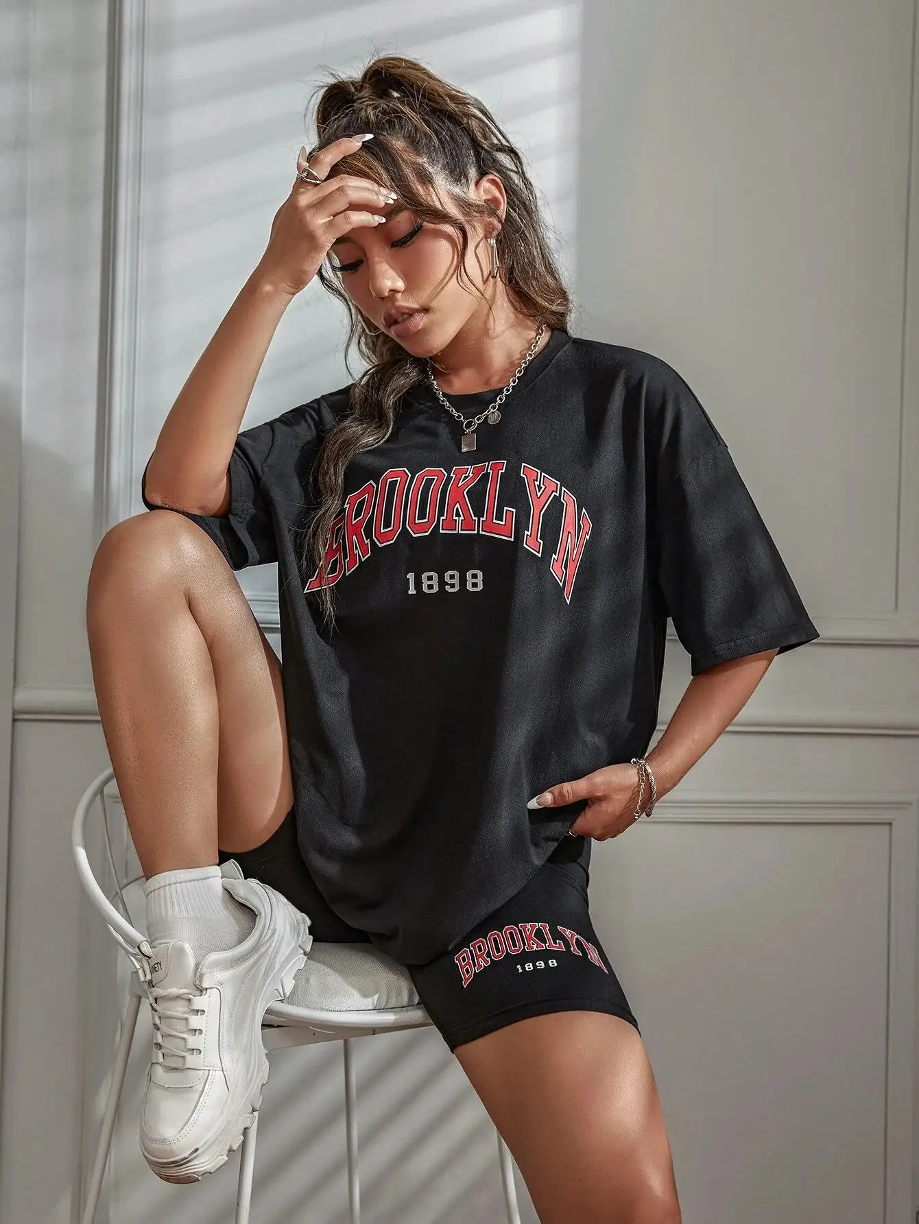 Brooklyn 1898 New York City Letter Graphic T-Shirts Set Women Summer Casual 2 Piece Set Oversized Shorts Cotton S-Xl T Shirts - Image 5