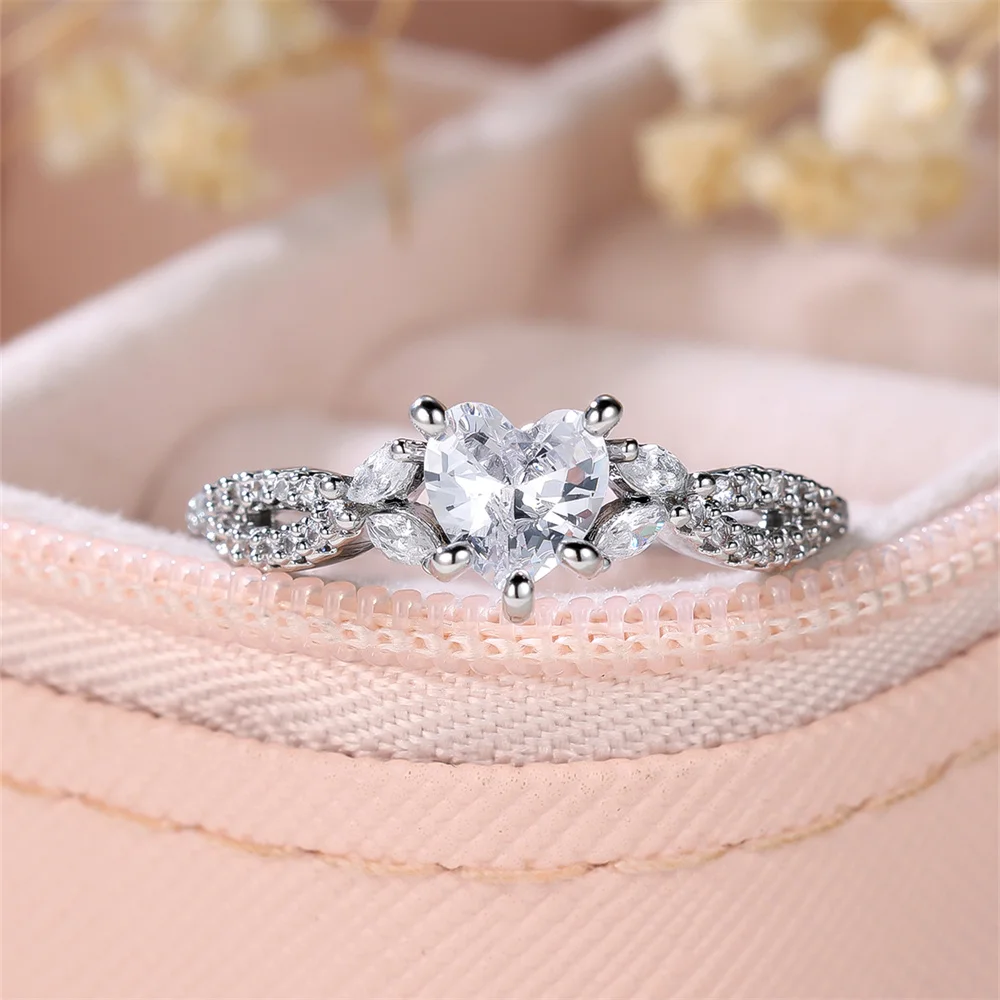 White Zircon Small Heart Stone Rings For Women Classic Silver Color Wedding Band Engagement Jewelry Accessory Mother's Day Gifts