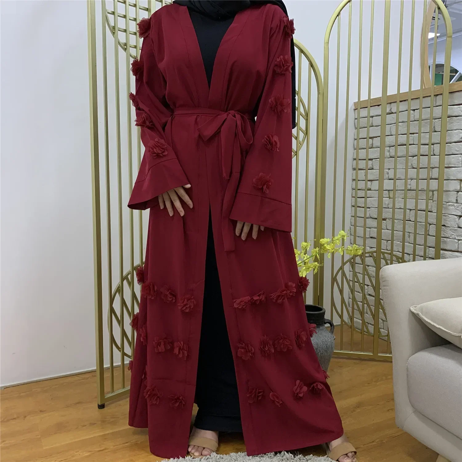 

New Abayas for Women Robe Femme Caftan Ramadan Eid Three-dimensional Flower Open Abaya Kimono Dubai Turkey Islam Muslim Dress