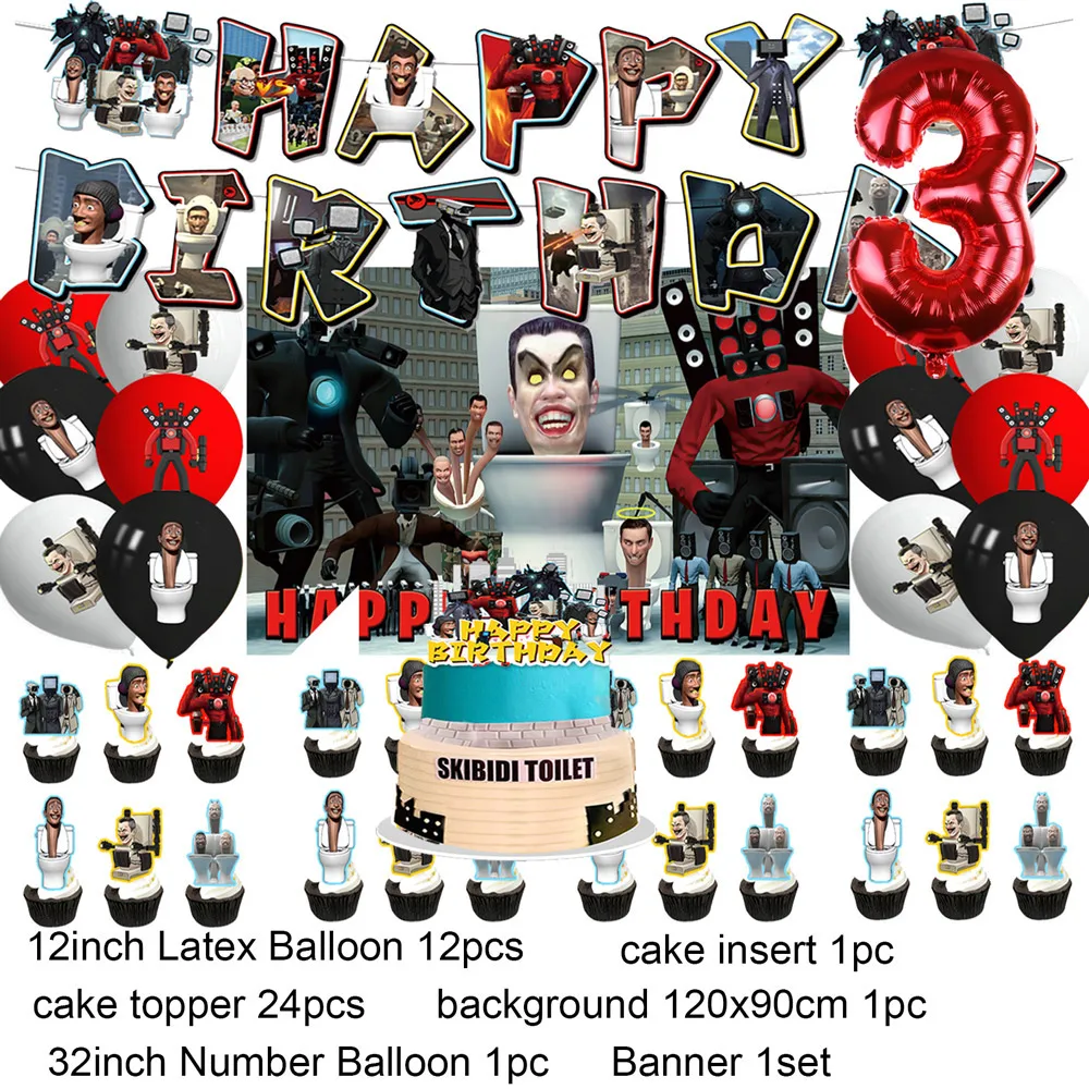 Skibidi Toilette Thema Geburtstags feier Dekoration liefert Banner Kuchen Topper Ballon Kampf Roboter Monitor Baby party Jungen Geschenke – Detail 8