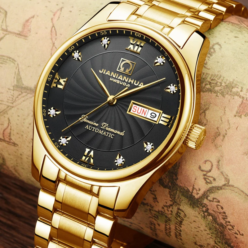 

Carnival Brand New Luxury Gold Mechanical Watch for Men Stainless Steel Waterproof Luminous Week Calendar Business Mens Watches