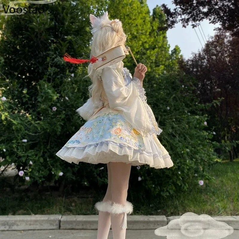 Sweet Lolita Princess Dress Set Women Kawaii Cute Cartoon Rabbit Print Party Mini Dresses Girl Harajuku Y2k Long Sleeve Vestidos