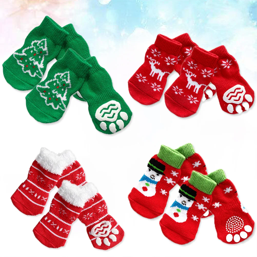 

4 Sets of Anti Socks with Christmas Pattern Non- Skid Cat and Paw Protector Winter Warm Socks for Dogs Cats Pets