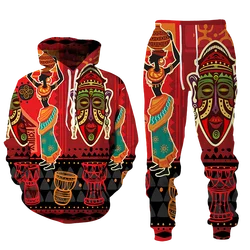 2022 New 3D African Print Casual Men Trousers Suits Couple Outfits Vintage Hip Hop Hoodies+Pants Male/Female Tracksuit Set