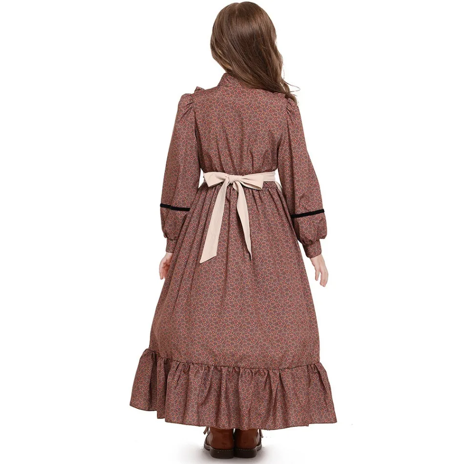 Girls Historical American Colonial Costume Tween Teens Brown Floral Victorian Medieval Dress Maid Long Dress With Apron PS66 - 3