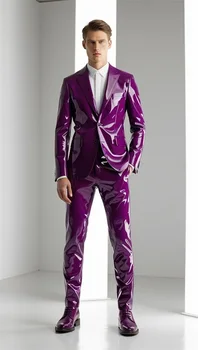 Abiti da uomo in pelle PU luminosa Set giacca da 2 pezzi + pantaloni pantaloni smoking da sposa formale ufficio sposo giacca da ballo cappotto da lavoro