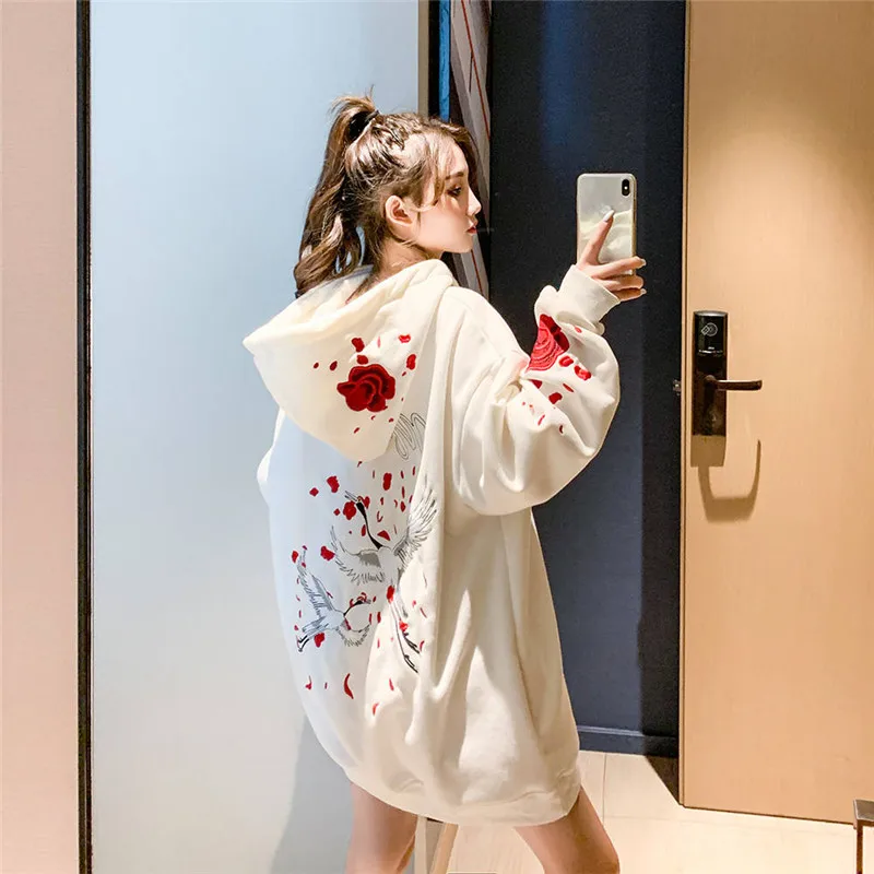 Female Loose Sweatshirts Streetwear Winter Casual Tops Hooded Pullover Women Autumn Long Sleeve Rose Bird Print Harajuku Hoodies